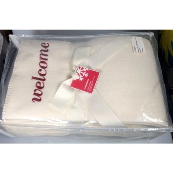 Lambswool Blanket embroidered Welcome Crate & Barrel Full QUEEN guest bedroom bl - Picture 8 of 9